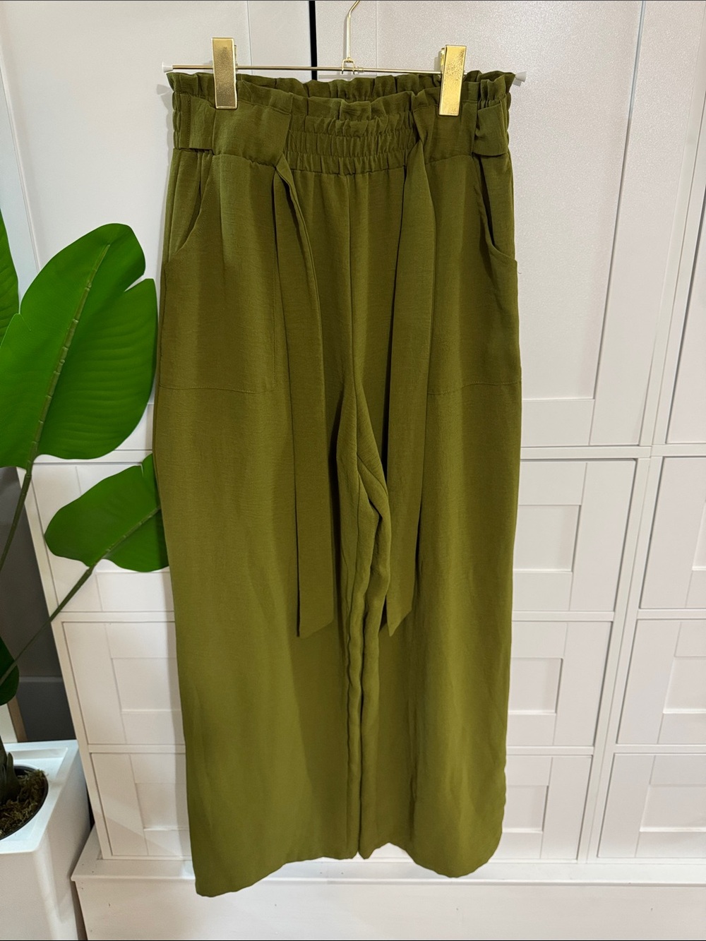 Olive Green High-Waist Paperbag Ankle Pants